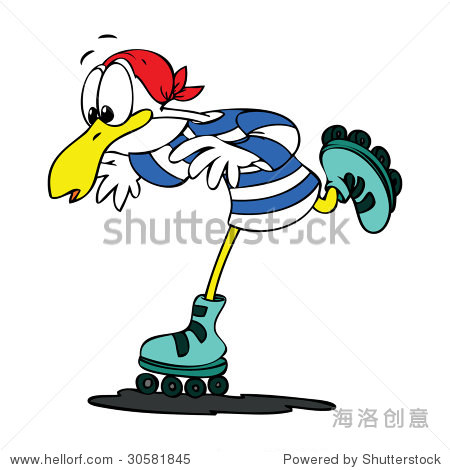 an amateur cartoon seagull roller skating anxiously.