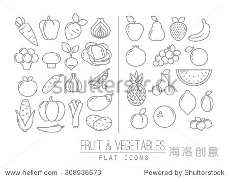 set of flat fruits and vegetables icons drawing with black lines