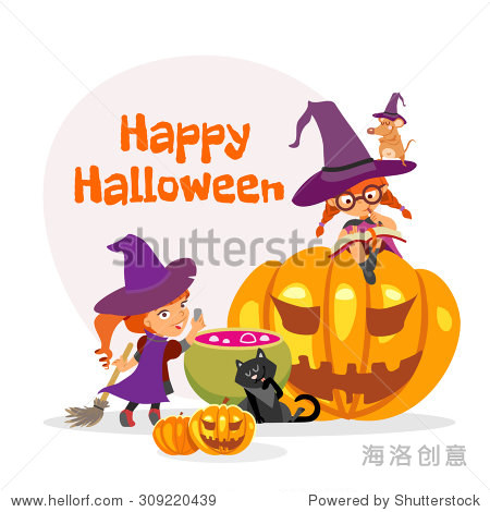 cute cartoon happy halloween design template with two little