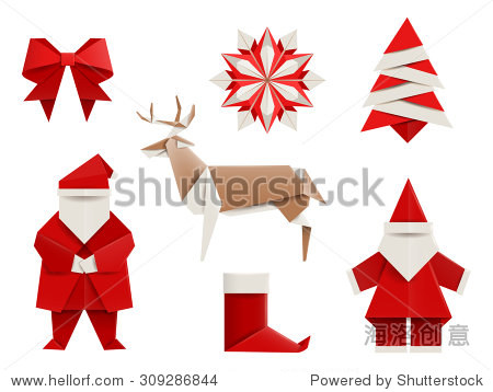 realistic origami christmas set: santa deer christmas tree snow