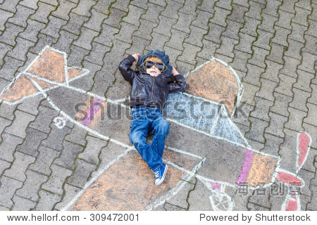 funny little kid boy flying by a plane picture painting with