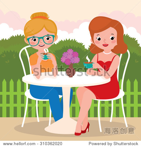 stock cartoon illustration of a tea party girl friends outdoors