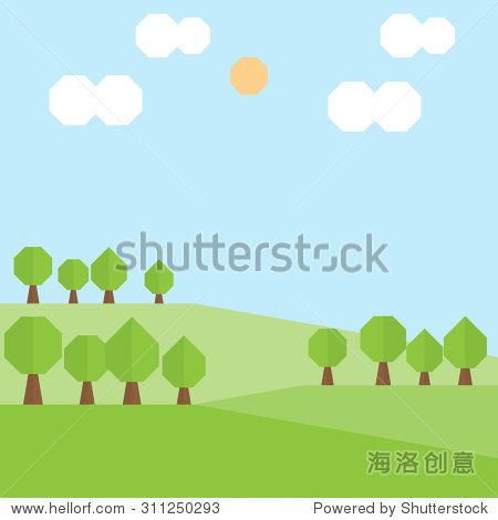 green hill landscape with trees meadow cloud and