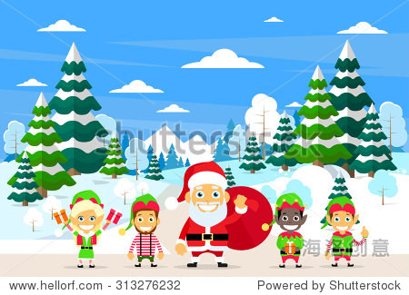 clause christmas elf cartoon character winter forest landscape