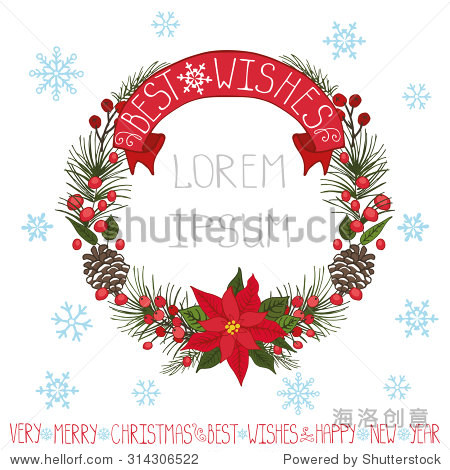 merry christmas and happy new year greeting card with wreath.