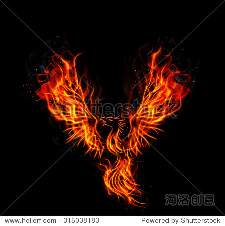 fire burning phoenix bird with black background.