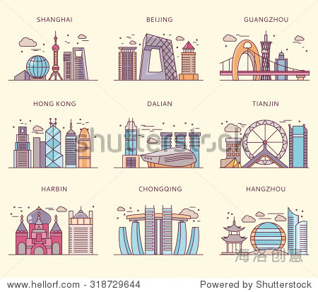 图标中国主要城市公寓的风格。上海和中国、北