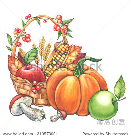 illustration of harvest season with basket full of fruits and