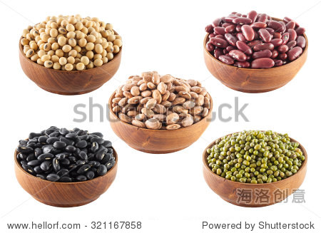 collection of beans in wooden bowl isolated on white