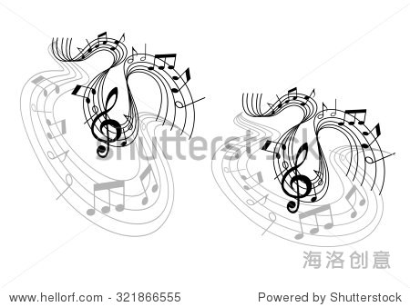 波成分与旋律的高音谱号,音符和波线孤立在白色背景 可以使用