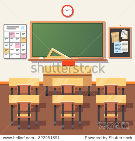 ssroom with green chalkboard, teachers desk, 