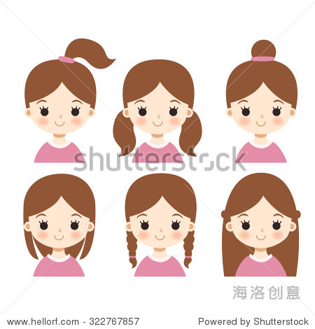 set of six cute cartoon girl characters with different hair
