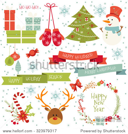vintage merry christmas and happy new year set of wreathes with
