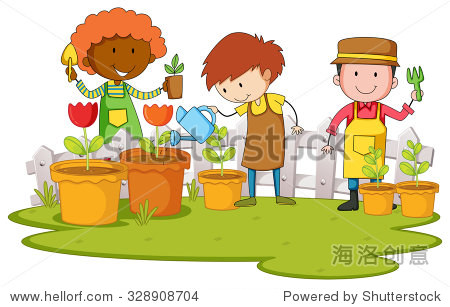gardeners planting tree and flower in garden illustration