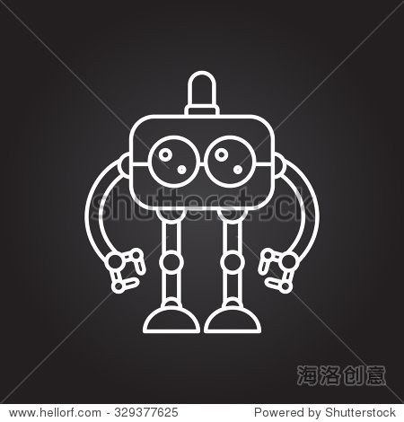 vector white outline retro robot toy icon on black background