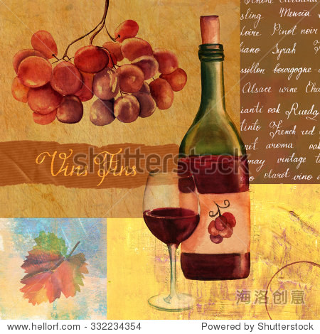 Vintage style wine collage with a watercolour dr