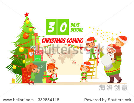 with elves decorating christmas tree and making christmas gifts
