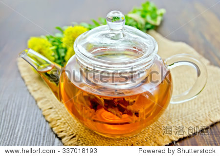 herbal tea in a glass teapot from the root of rhodiola rosea on