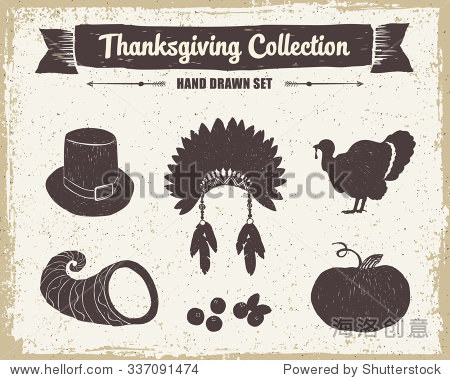 hand drawn textured vintage thanksgiving set of pilgrim hat