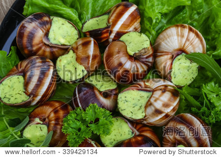 french cuisine - escargot with butter, parsley and salat leaves