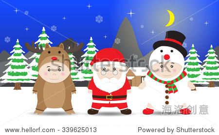 boys in reindeer santa claus snowman costume in winter night.