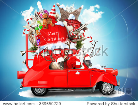 santa claus with reindeer in a car with gifts