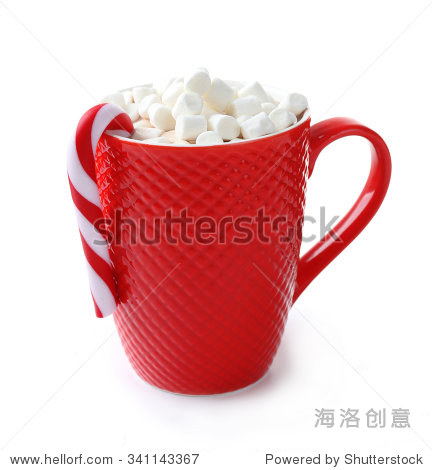 cup of cocoa marshmallow and christmas candy isolated on white