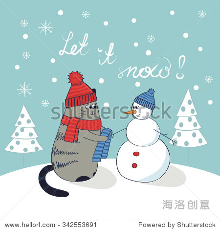 cute cat and snowman. christmas card template.