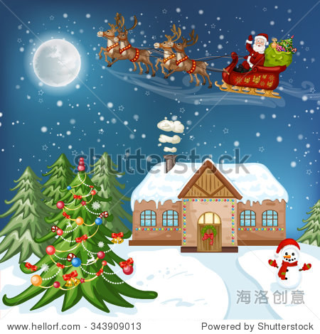 illustration with christmas house christmas tree santa claus