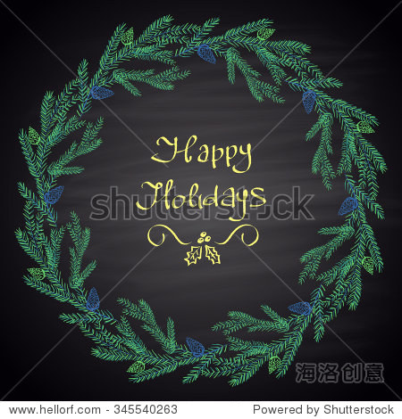 colored chalk drawn illustration with christmas tree wreath