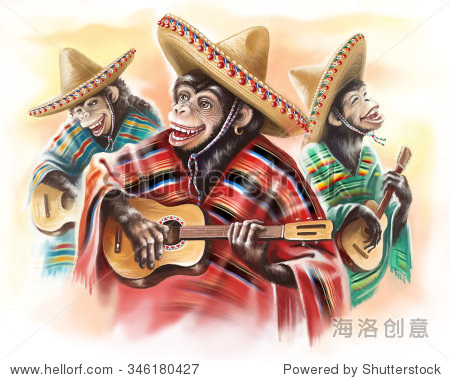 有趣的猴子在墨西哥传统服饰弹吉他。三。数字