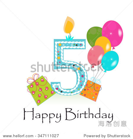 happy fifth birthday card vector with balloon and gift boxes