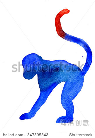 painting hand drawn silhouette of one blue monkey with long tail