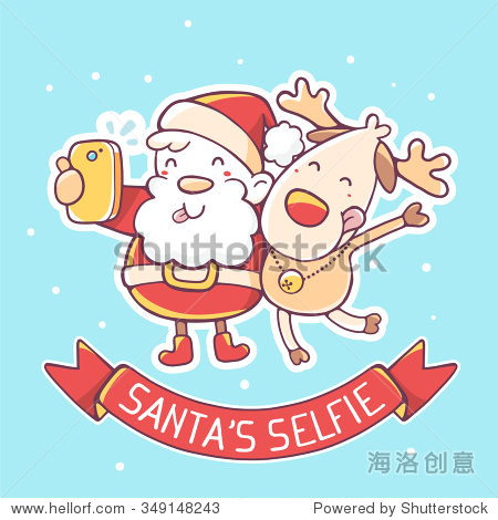 of santa claus and reindeer make selfie with red ribbon on blue