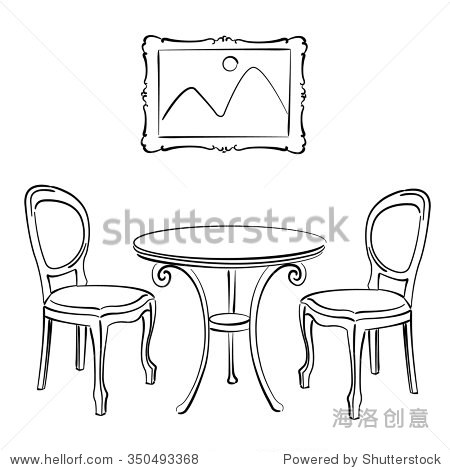 sketched chairs table and picture frame cafe interior vector.
