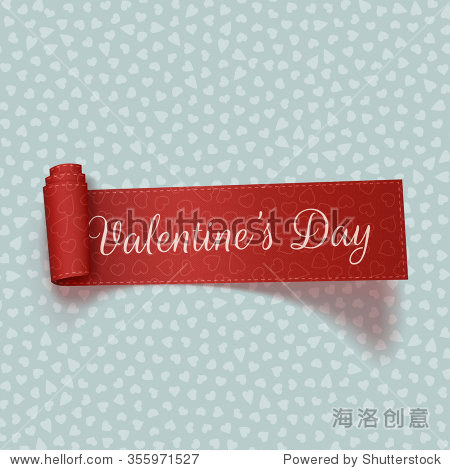valentines day realistic red scroll textile ribbon on light blue