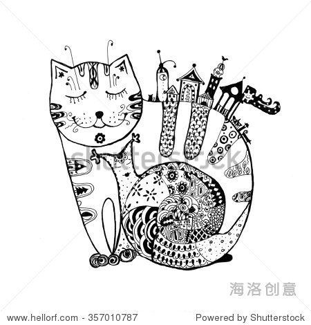 hand-drawn black and white zentangle style of fairytale cat
