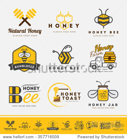 set of abstract honey bee logo and labels for honey products.