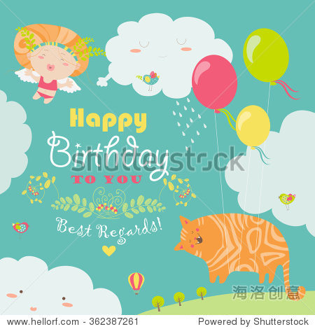 happy birthday card with cute cat and angel