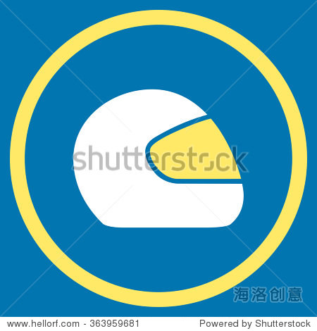 motorcycle helmet vector icon. style is bicolor flat circled symbol, yellow and white colors, rounded angles, blue background.