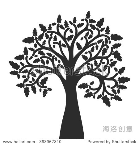 silhouette of oak tree with leaves and acorns vector