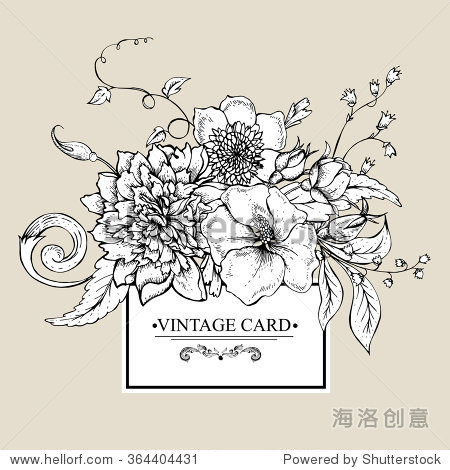 vintage monochrome botanical greeting card with blooming peony