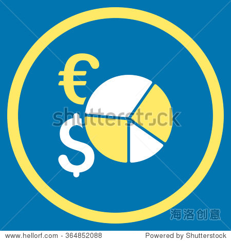 financial pie chart vector icon. style is bicolor flat circled symbol, yellow and white colors, rounded angles, blue background.