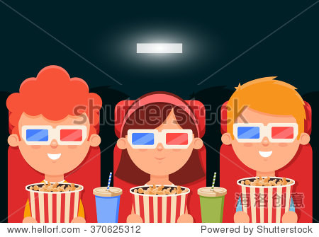 可爱的卡通的孩子坐在电影院,看电影。色彩斑