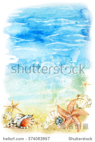 贝壳泡沫水彩海滩和海星类。海滨波和视频。手拍插图的嗝图片
