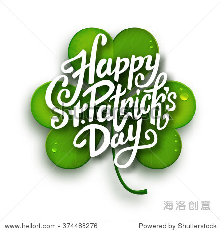 handwritten brush pen lettering on green realistic shamrock leaf