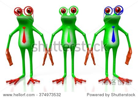 3d cartoon frogs wearing ties in rgb - red green blue colors.