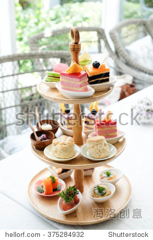 english tea time set with a lot of cake and scone