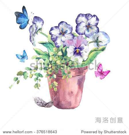 水彩春天花园花束在花盆,三色紫罗兰和蝴蝶,植