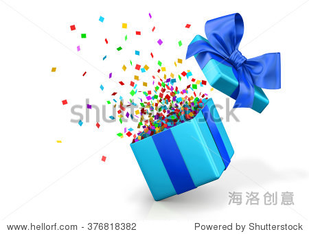 opened 3d realistic gift box with blue bow and confetti.